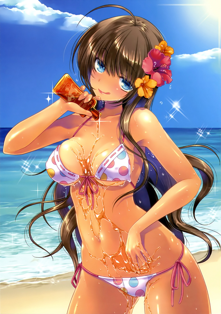 1girl :q absurdres ahoge bare_shoulders beach bikini blue_eyes blue_sky breasts brown_hair cleavage cloud day flower front-tie_top hair_flower hair_ornament hibiscus highres lips long_hair lotion medium_breasts naughty_face navel original outdoors polka_dot polka_dot_bikini polka_dot_swimsuit scan shiny shiny_skin side-tie_bikini sky solo sparkle sunscreen swimsuit tan tongue tongue_out water