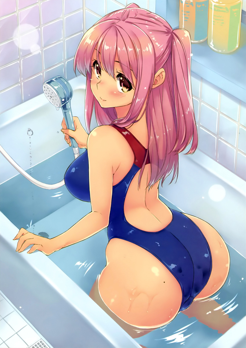 absurdres ass bare_shoulders bathtub blush breasts brown_eyes competition_swimsuit highres kekocha kneeling large_breasts long_hair looking_back mole mole_on_ass one-piece_swimsuit original partially_submerged pink_hair scan shiny shower_head smile solo swimsuit two_side_up water