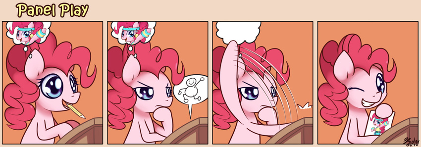 breaking_the_fourth_wall comic creating_art desk drawing equine female feral fourth_wall friendship_is_magic horse looking_at_viewer mammal my_little_pony one_eye_closed pencil pinkie_pie_(mlp) pony solar-slash solo wink