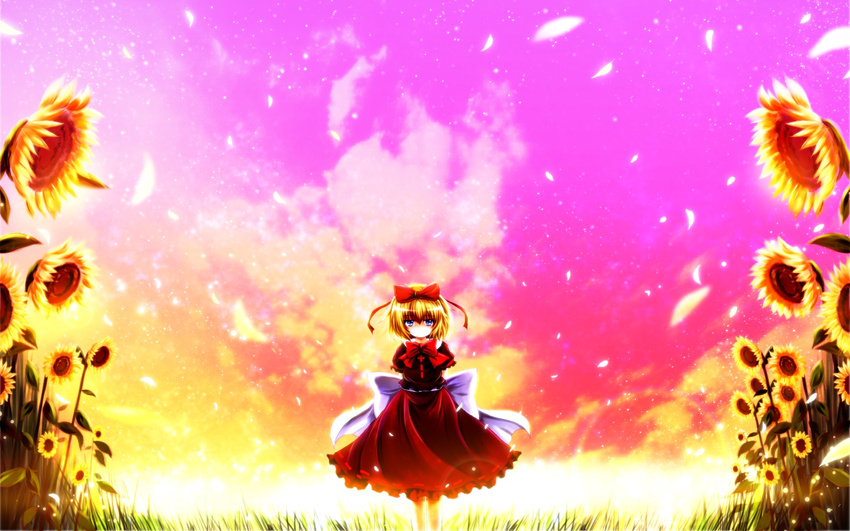 blonde_hair blue_eyes bow dusk field flower frills grass hair_bow highres long_skirt medicine_melancholy nekominase petals short_hair short_sleeves skirt sky solo sunflower touhou