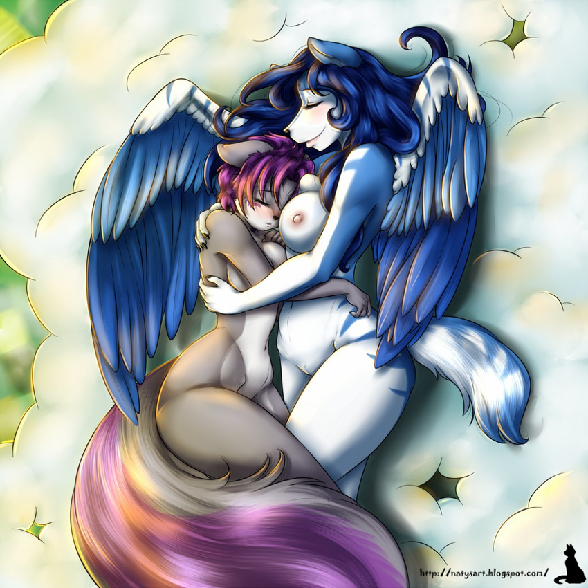 2012 black_nose blue blue_hair breast_squish breasts claws cloud eyes_closed feathers female fluffy_tail grey hair hug lips long_hair lying natysanime navel nipples nude pink purple_hair pussy short_hair sleeping smile unknown_species white wide_hips wings