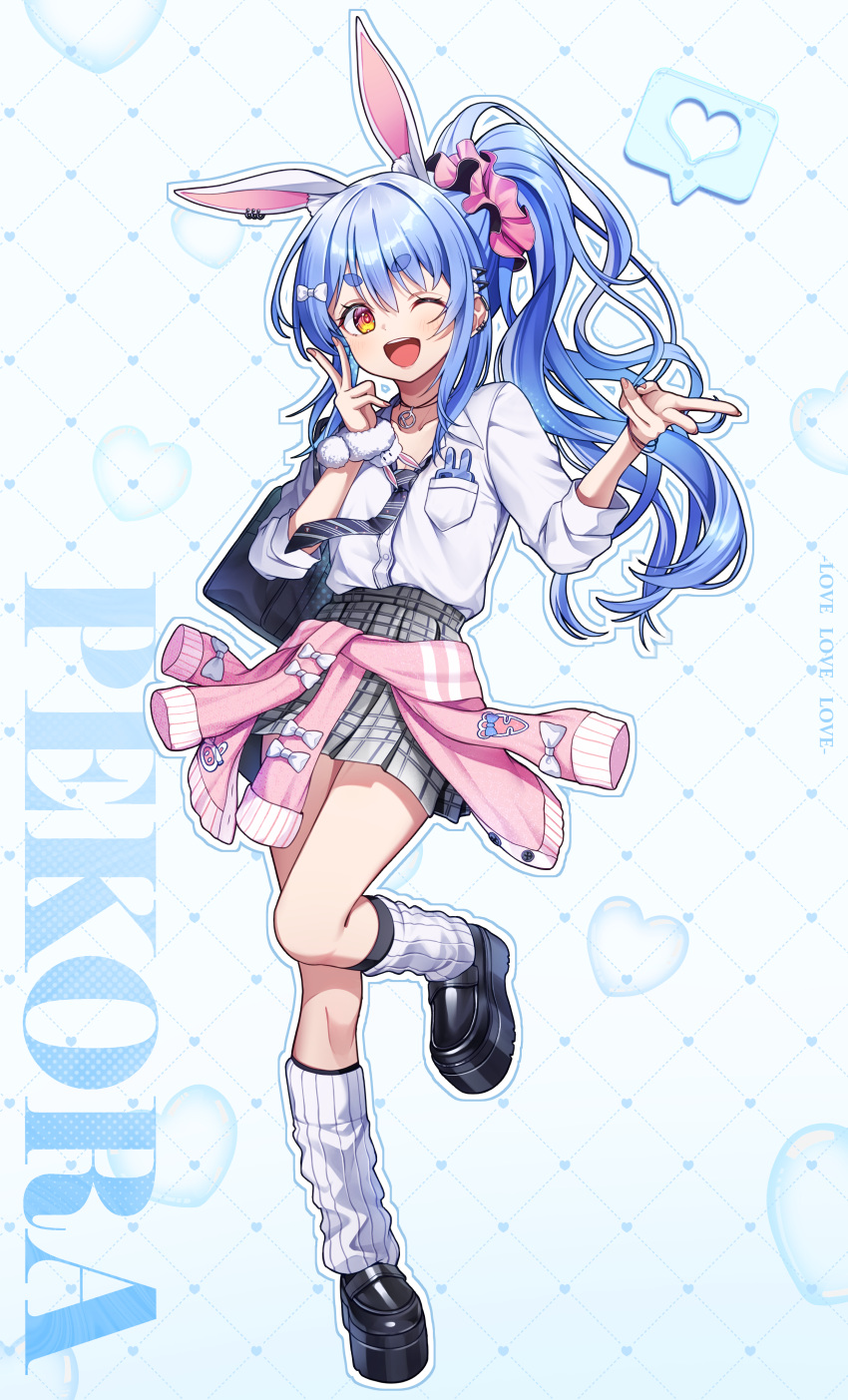 1girl :d ;d absurdres animal_ear_fluff animal_ear_piercing animal_ears black_necktie black_shoes blue_hair bow cardigan cardigan_around_waist chameleon_(chameleon0613) character_name clothes_around_waist collared_shirt commentary_request double_v extra_ears full_body fur_wrist_cuffs grey_skirt hair_bow hair_ornament hairclip highres hololive kneehighs loafers long_hair looking_at_viewer loose_socks necktie official_alternate_costume official_alternate_hairstyle one_eye_closed open_mouth orange_eyes outline pendant_choker pink_cardigan pink_scrunchie platform_shoes rabbit-shaped_pupils rabbit_ears rabbit_girl school_uniform scrunchie shirt shirt_tucked_in shoes short_eyebrows side_ponytail sidelocks single_wrist_cuff skirt smile socks solo standing standing_on_one_leg symbol-shaped_pupils thick_eyebrows three-quarter_sleeves usada_pekora usada_pekora_(12th_costume) v virtual_youtuber white_outline white_shirt white_socks wrist_cuffs
