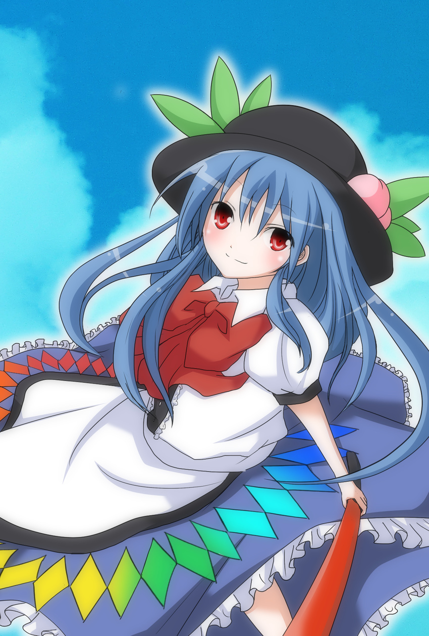 blue_hair cloud food frills fruit hat highres hinanawi_tenshi leaf long_hair looking_at_viewer masiromu peach red_eyes short_sleeves sky smile solo sword sword_of_hisou touhou very_long_hair weapon