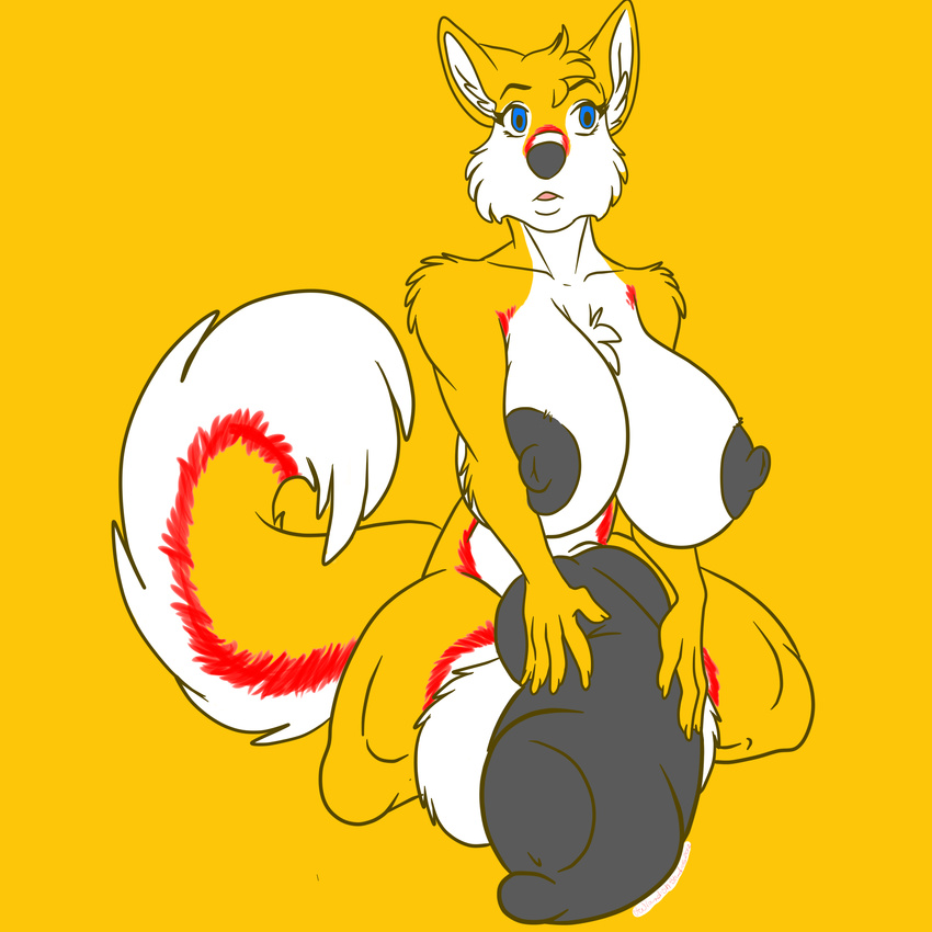 absurd_res anthro big_breasts big_penis breasts canine dickgirl dog fluffy fur hi_res husky husqi hyper intersex mammal outlandish_studios penis plain_background solo thighs wide_hips yellow yellow_background yellow_fur