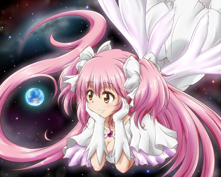 bow breasts cleavage dress earth giantess gloves hair_bow hands_on_own_cheeks hands_on_own_face kaname_madoka long_hair magical_girl mahou_shoujo_madoka_magica maru_takeo medium_breasts pink_hair planet solo space star_(sky) two_side_up ultimate_madoka very_long_hair
