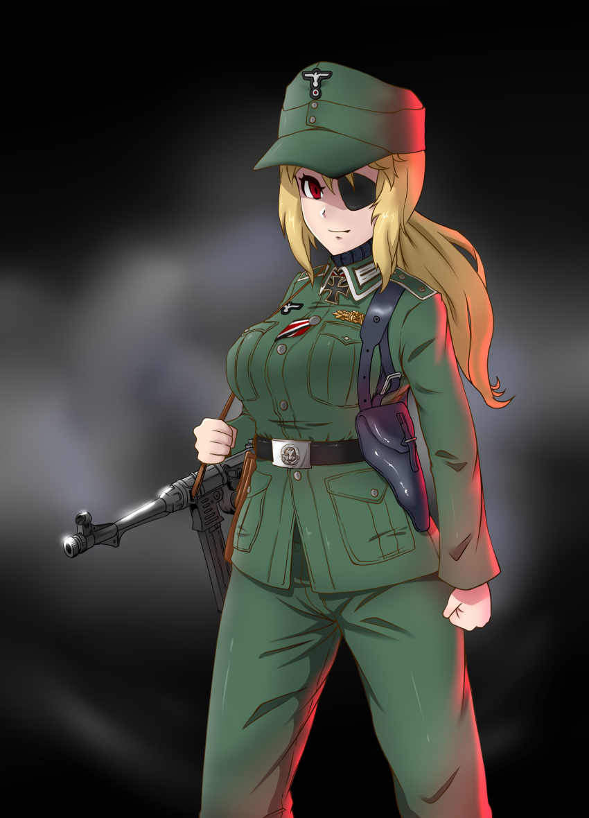 1girl absurdres belt blonde_hair blurry blurry_background breasts commentary_request eyepatch gun hat highres holster holstered_weapon iron_cross kirochef large_breasts looking_at_viewer military military_hat military_uniform mp40 original ponytail red_eyes solo submachine_gun uniform weapon