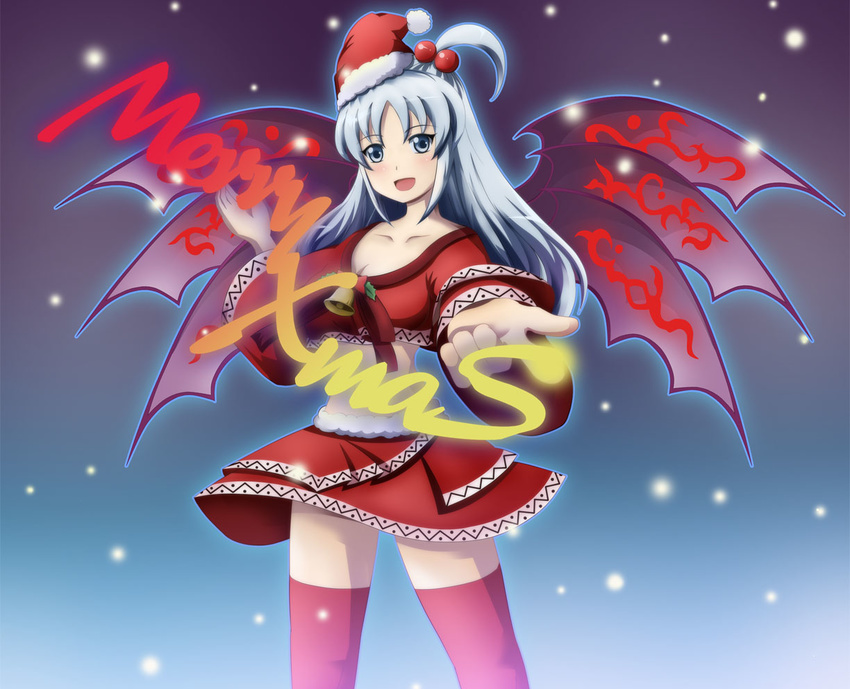 :d bell blush breasts christmas cleavage grey_eyes hair_bobbles hair_ornament hat holly inoshira long_hair medium_breasts merry_christmas midriff multiple_wings open_mouth purple_wings santa_hat shinki side_ponytail silver_hair skirt smile solo thighhighs touhou touhou_(pc-98) wings zettai_ryouiki