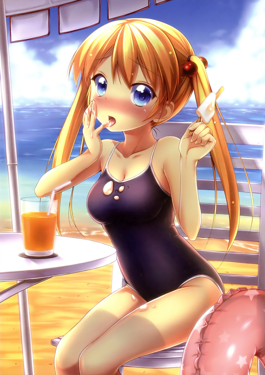 absurdres bare_shoulders beach blue_eyes blush breasts chair cleavage drink drinking_straw finger_licking food hair_bobbles hair_ornament highres innertube licking medium_breasts nullken one-piece_swimsuit orange_hair original patio_chair popsicle scan sitting solo swimsuit twintails
