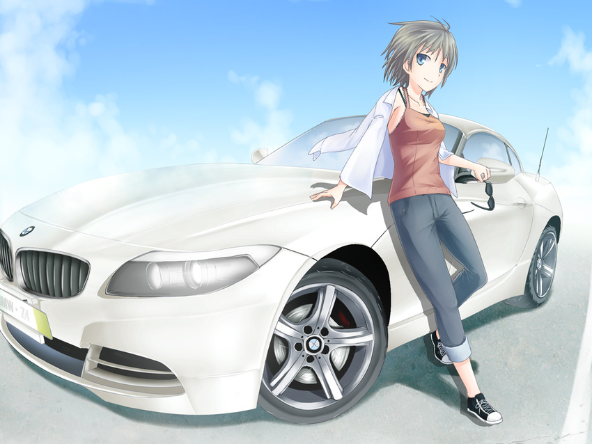 arm_support bad_id bad_pixiv_id blue_eyes bmw bmw_z4 car cloud collarbone day denim foreshortening grey_hair ground_vehicle jacket_on_shoulders lace light_smile looking_at_viewer mole mole_under_eye motor_vehicle no_socks original shintani_kyou shoes short_hair sky solo sunglasses tank_top