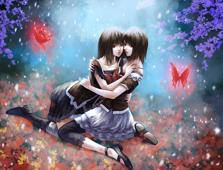 amakura_mayu amakura_mio bad_id bad_pixiv_id black_hair bug butterfly fatal_frame fatal_frame_2 hug insect leggings multiple_girls no_socks pengnangehao short_hair siblings sisters skirt twins