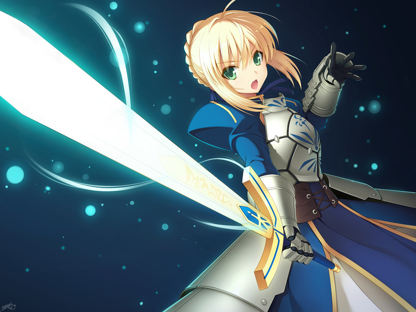 armor armored_dress artoria_pendragon_(all) blonde_hair braid cygnus_(cygnus7) dress excalibur fate/zero fate_(series) french_braid gauntlets glowing glowing_sword glowing_weapon green_eyes hair_ribbon holding light_particles md5_mismatch open_mouth ribbon saber short_hair solo sword weapon