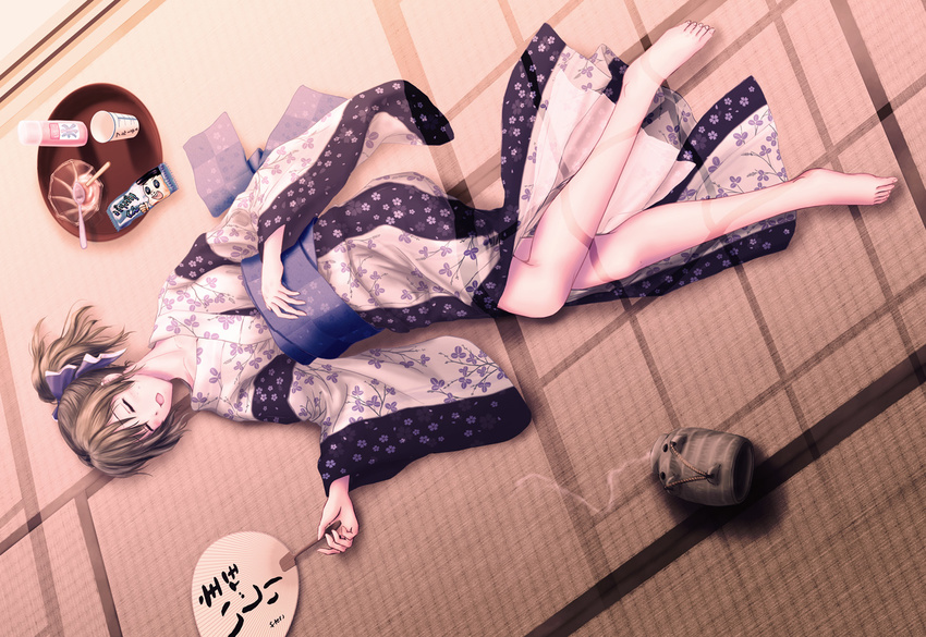 bad_id bad_pixiv_id barefoot brown_hair closed_eyes fan gari_gari-kun hakuisei_ren'ai_shoukougun japanese_clothes kayari_buta kimono lying ntake_toukasaien on_back open_mouth paper_fan ponytail sleeping smoke solo spoon tatami tray uchiwa yamanouchi_yasuko yukata