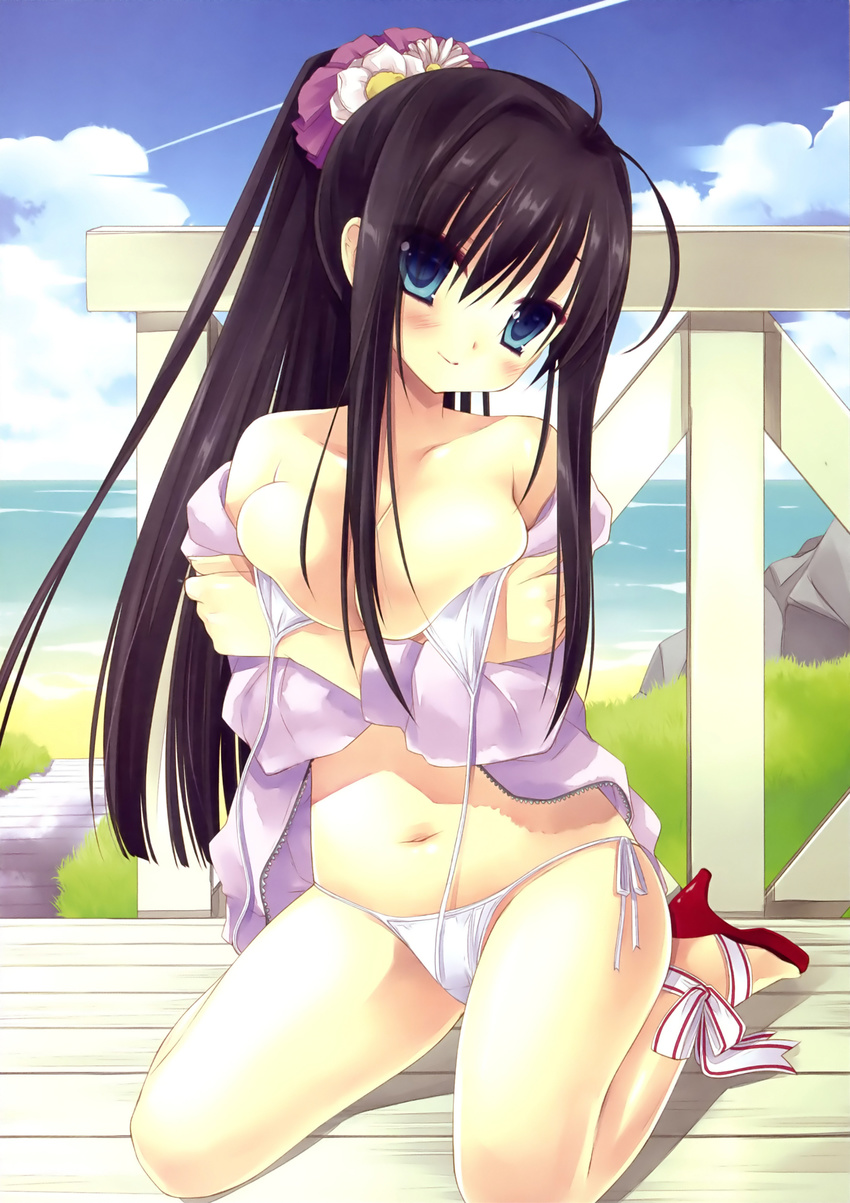 absurdres ankle_ribbon bare_shoulders beach bikini black_hair blue_eyes blush breast_hold breasts cleavage cloud condensation_trail day high_heels highres large_breasts long_hair miyasu_risa navel open_clothes open_shirt original outdoors ponytail ribbon scan shirt shoes side-tie_bikini sidelocks sitting smile solo swimsuit untied wariza white_bikini wide_ponytail