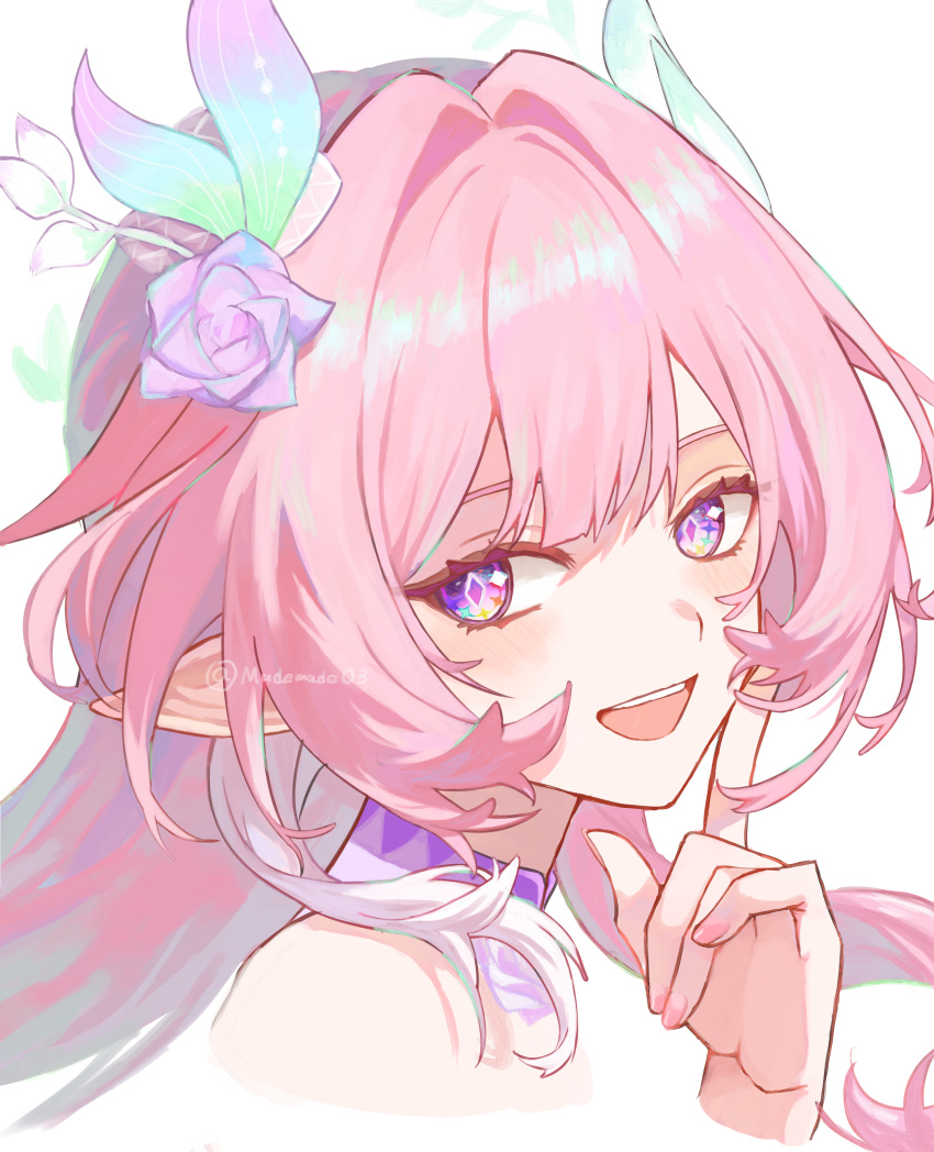 1girl absurdres bare_shoulders blush breasts collar cyrene_(demiurge)_(honkai:_star_rail) cyrene_(honkai:_star_rail) diamond-shaped_pupils diamond_(shape) finger_to_cheek flower hair_flower hair_intakes hair_ornament highres honkai:_star_rail honkai_(series) long_hair looking_at_viewer mademade03 multicolored_eyes pink_hair pink_nails pointy_ears purple_collar purple_eyes purple_flower purple_rose rose simple_background smile solo symbol-shaped_pupils teeth upper_body upper_teeth_only white_background white_hair