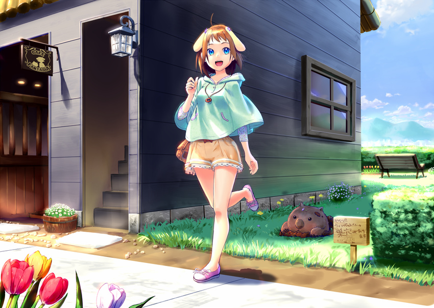 :d animal animal_ears bench blue_eyes brown_hair building cloud cojibou day flower grass lamp minamimi-san mountain open_mouth original shorts sign smile solo stairs translated tulip window wombat