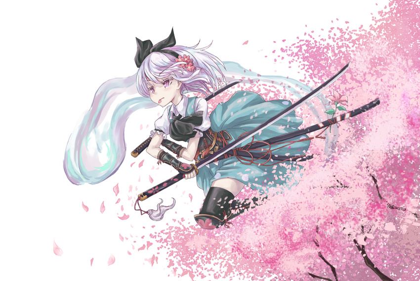 armor cherry_blossoms dual_wielding flower gauntlets ghost hair_ornament hairband hitodama holding katana konpaku_youmu konpaku_youmu_(ghost) mumulatte petals pink_eyes scabbard sheath short_hair silver_hair solo sword touhou unsheathed weapon