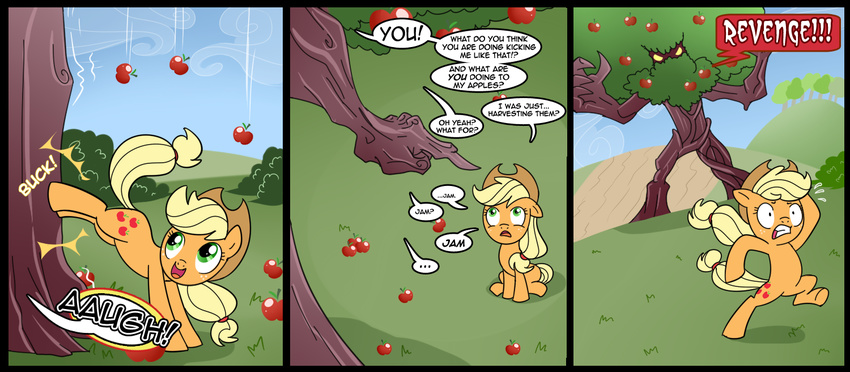 applejack_(mlp) blonde_hair comic cowboy_hat cutie_mark dialog dialogue english_text equine female feral freckles friendship_is_magic fruit green_eyes hair hat horse madmax mammal my_little_pony pony text tree wood