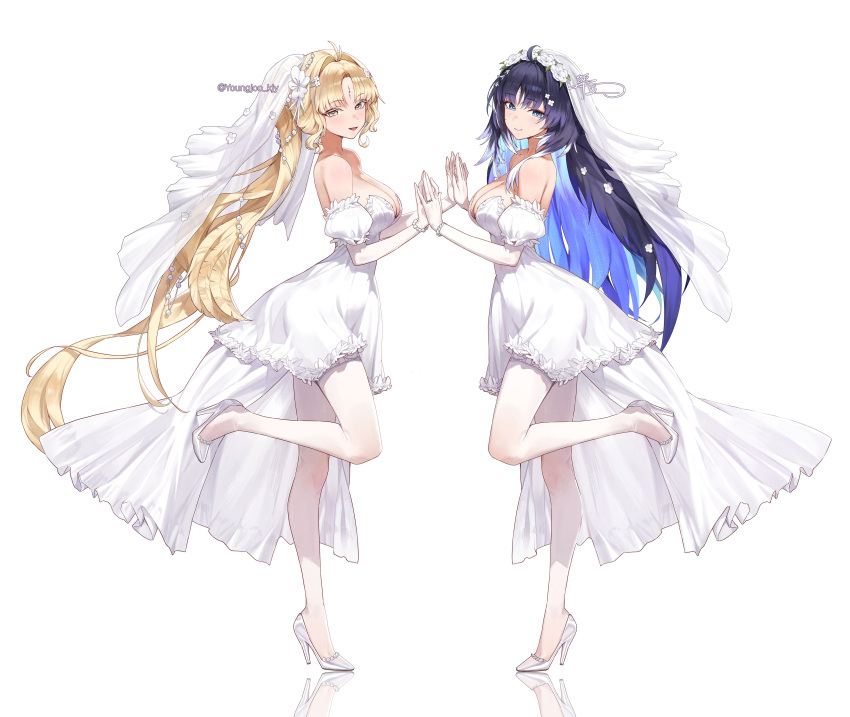 2girls absurdres alternate_costume bare_shoulders black_hair blonde_hair blue_eyes blue_hair breasts bridal_veil closed_mouth colored_inner_hair commentary_request dress elbow_gloves from_side full_body gloves hair_intakes hands_up high_heels highres korean_commentary large_breasts long_hair looking_at_viewer looking_to_the_side multicolored_hair multiple_girls open_mouth pantyhose parted_bangs ponytail shoes siblings simple_background sisters smile standing standing_on_one_leg suisui_(wuthering_waves) tacet_mark_(wuthering_waves) turning_head twitter_username veil wedding_dress white_background white_dress white_gloves white_pantyhose white_shoes white_veil wuthering_waves yangyang_(wuthering_waves) yangyang_(xuanling)_(wuthering_waves) yellow_eyes youngjoo_kjy