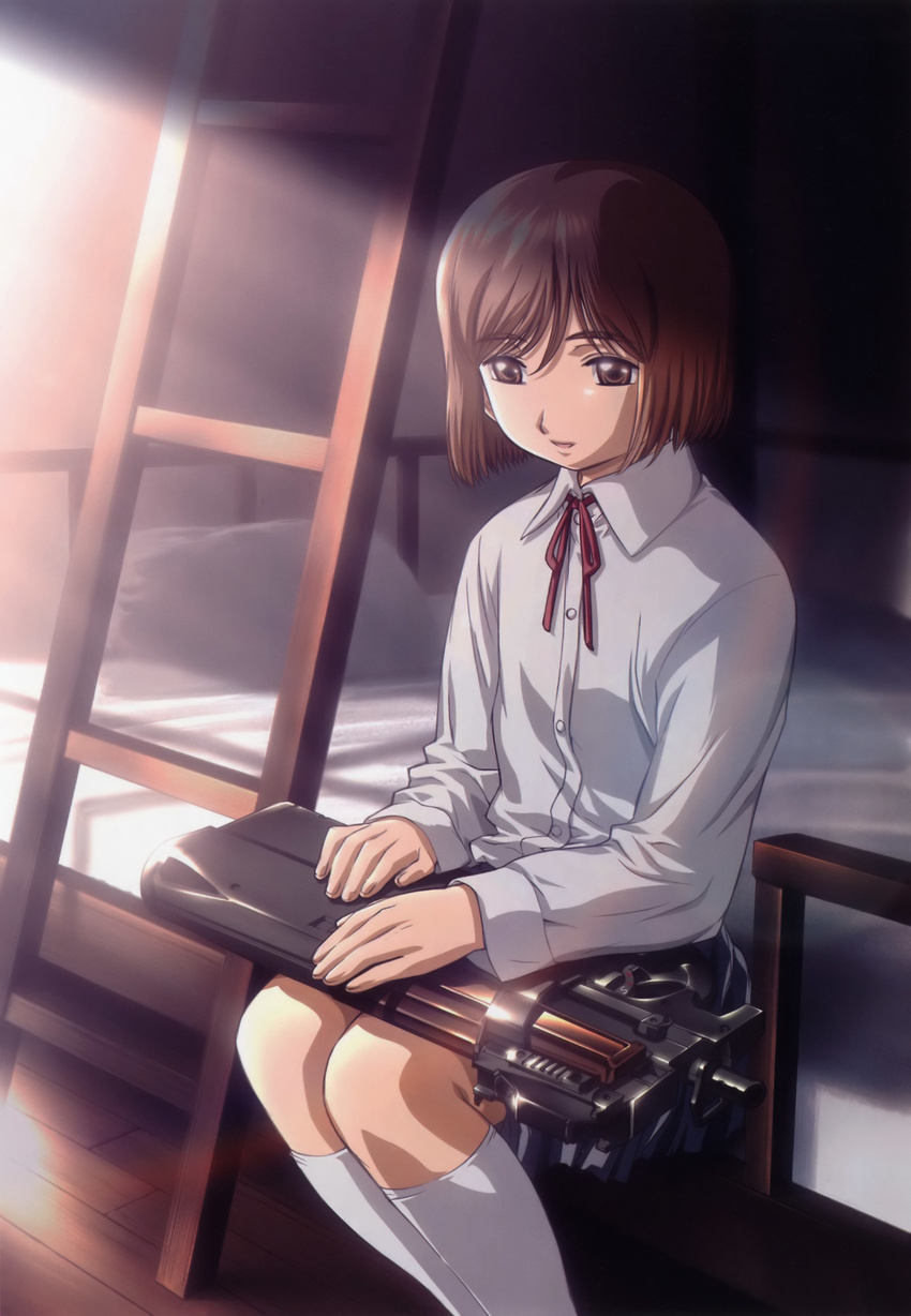 absurdres artist_request bed bob_cut bullpup bunk_bed gun gunslinger_girl henrietta_(gunslinger_girl) highres kneehighs ladder official_art p90 scan short_hair sitting solo submachine_gun sunlight weapon white_legwear