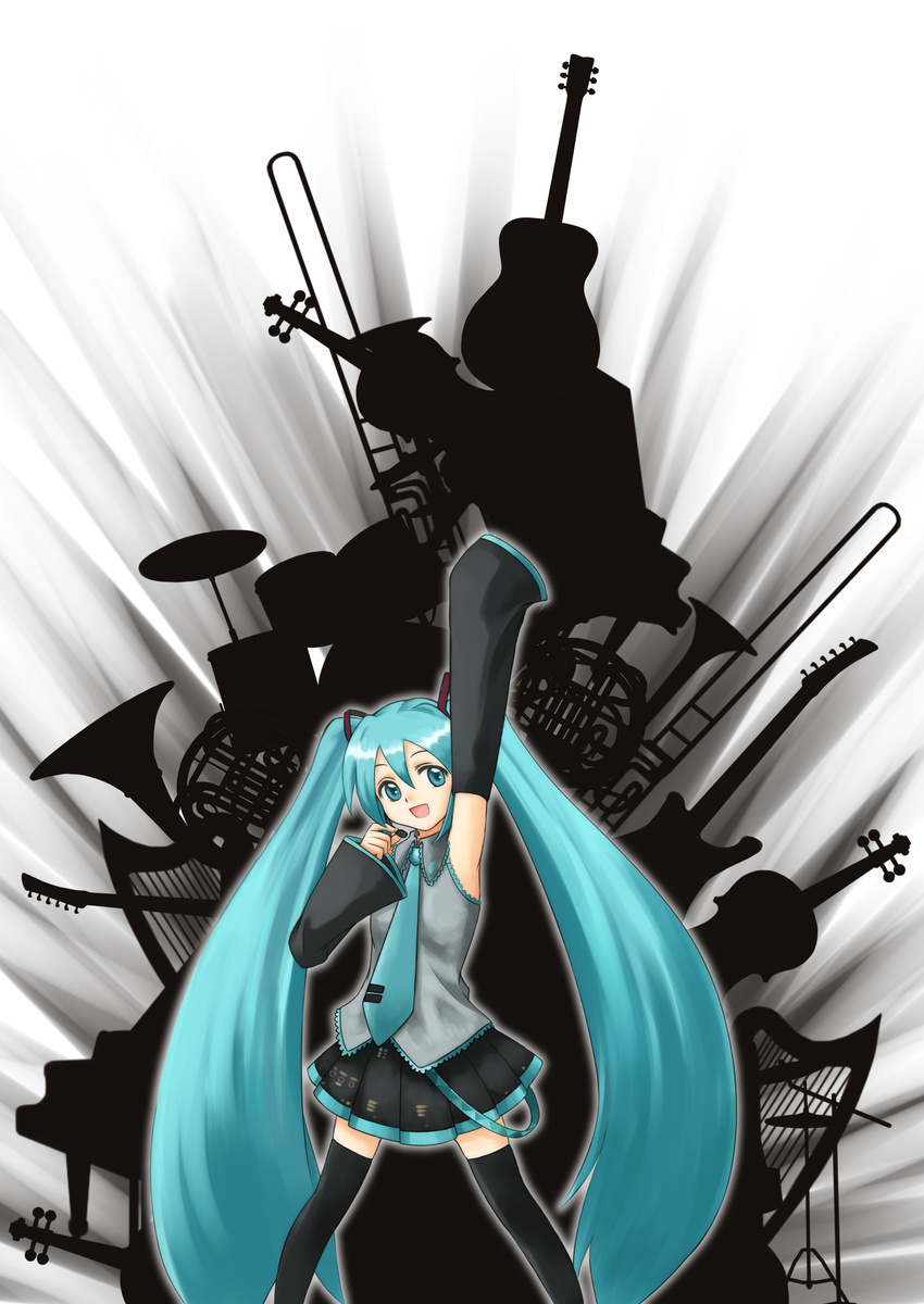 absurdres aqua_eyes aqua_hair armpits bad_id bad_pixiv_id hatsune_miku highres instrument kamina_pose lakuhito long_hair necktie pointing pointing_up solo thighhighs twintails very_long_hair vocaloid