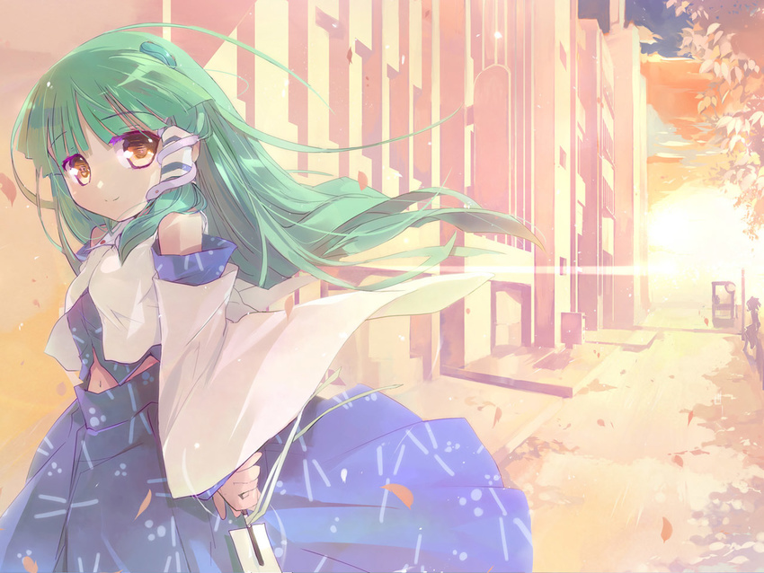 green_hair kochiya_sanae kurudaz long_hair road snake solo street sunset touhou twilight vanishing_point yellow_eyes