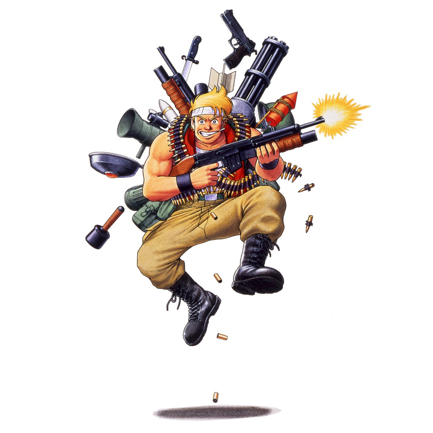 ammunition ammunition_belt artist_request battle_rifle bazooka blonde_hair boots carrying explosive firing full_body gatling_gun grin gun headband highres holding jumping knife male_focus marco_rossi metal_slug mine_(weapon) missile muscle muzzle_flash official_art rifle rocket simple_background smile snk solo weapon white_background wristband