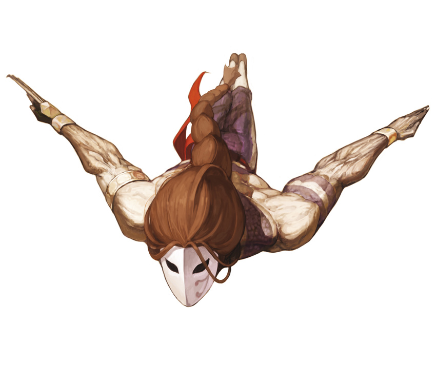 armlet back balrog bracelet braid brown_hair capcom claw_(weapon) dive foreshortening full_body highres jewelry kneehighs loafers long_hair looking_at_viewer male_focus mask muscle nona official_art outstretched_arms pants sash shirtless shoes simple_background single_braid single_vertical_stripe snake solo spread_arms street_fighter svc_chaos tattoo very_long_hair weapon white_background white_legwear