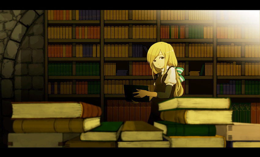 bad_id bad_pixiv_id blonde_hair book book_stack bookshelf letterboxed library long_hair name_(sh) original ponytail ribbon solo stone_wall wall