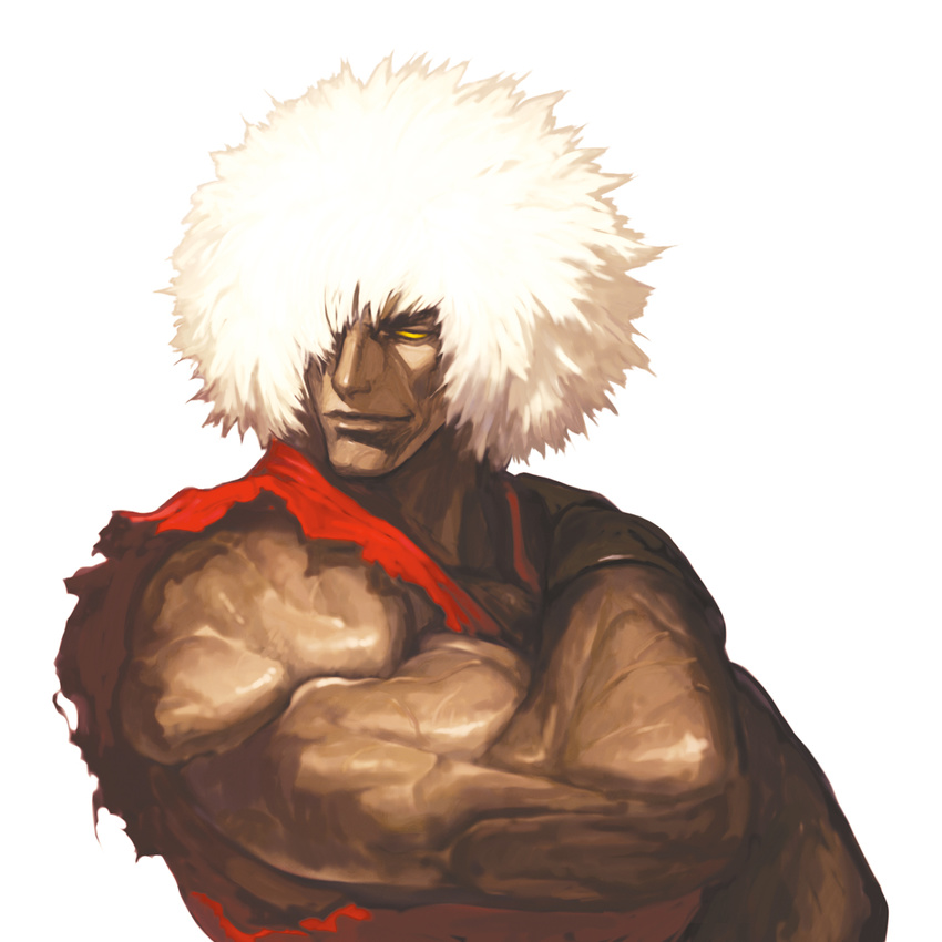 afro capcom dark_persona dark_skin dark_skinned_male dougi empty_eyes hair_over_one_eye highres ken_masters male_focus muscle nona official_art sleeveless solo street_fighter svc_chaos torn_clothes torn_sleeves upper_body violent_ken white_hair yellow_eyes