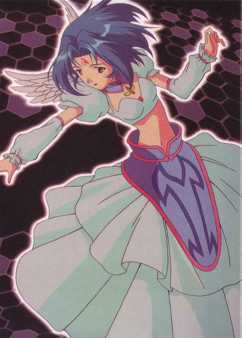 .hack//sign 1girl armor armored_dress artist_request dress highres honeycomb_(pattern) honeycomb_background midriff purple_background scan solo subaru_(.hack//) white_dress wings