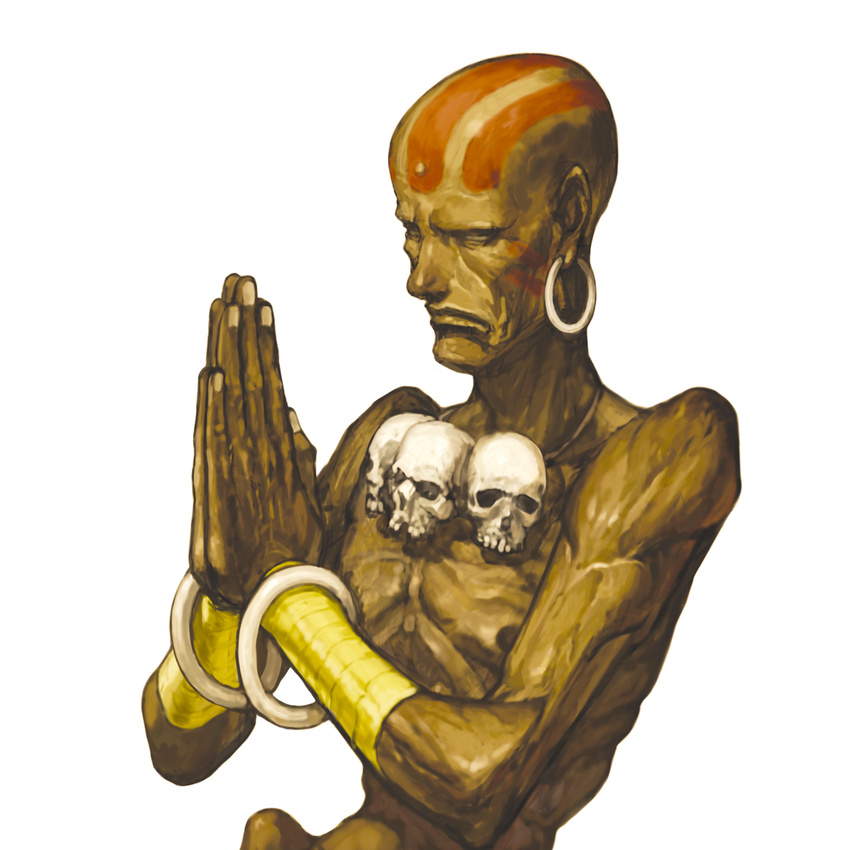 bald capcom dark_skin dark_skinned_male dhalsim earrings facepaint highres hoop_earrings jewelry male_focus necklace nona official_art praying skull skull_necklace solo street_fighter svc_chaos