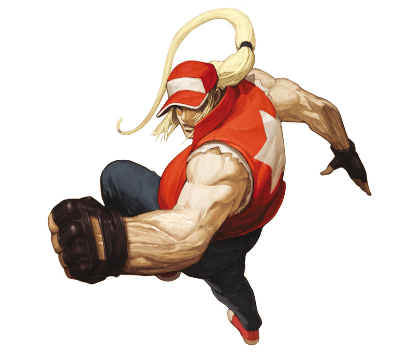 blonde_hair fatal_fury fingerless_gloves gloves hat hat_over_one_eye highres male_focus muscle nona official_art ponytail sleeveless snk solo svc_chaos terry_bogard the_king_of_fighters vest