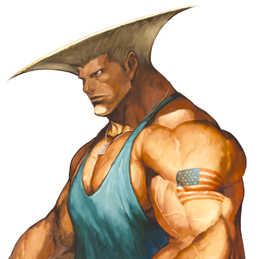 american_flag blonde_hair capcom dog_tags guile highres male_focus muscle nona official_art pectorals solo street_fighter svc_chaos tank_top tattoo