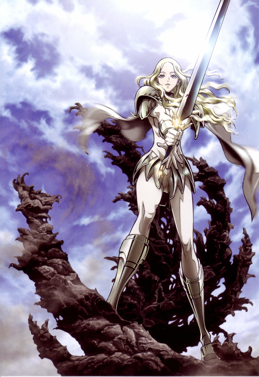 absurdres armor artist_request blonde_hair claymore claymore_(sword) cloud cover dvd_cover highres long_hair scan scenery sky solo sword teresa_(claymore) weapon