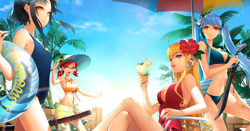 absurdres beach_umbrella bikini black_hair blonde_hair blue_eyes blue_hair breasts chair cinia_pacifica cleavage cocktail day drill_hair flower front-tie_top glasses green_sarong hair_flower hair_ornament hat hibiscus highres huge_filesize innertube katana large_breasts lens_flare long_hair lounge_chair luthica_preventer multiple_girls navel one-piece_swimsuit outdoors palm_tree purple_eyes rainbow red_eyes red_hair salt_(salty) sarong scabbard school_swimsuit see-through sheath short_hair short_hair_with_long_locks side-tie_bikini sidelocks sita_vilosa sky strap_gap swimsuit sword sword_girls tree twintails umbrella vernika_answer weapon yellow_eyes