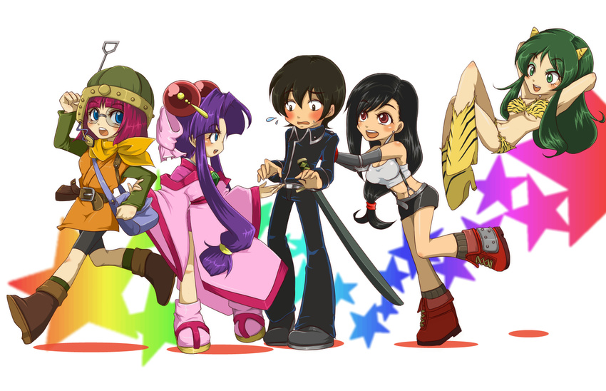 4girls arm_grab arms_behind_head ascot bad_id bad_pixiv_id bare_shoulders bike_shorts black_hair blue_eyes blush boots bow breasts brown_hair cherry_(saber_j) chrono_trigger crossover elbow_gloves envious_(artist) eyeshadow final_fantasy final_fantasy_vii floating gintama gloves green_hair hair_ornament headset helmet horns japanese_clothes large_breasts leg_up long_hair long_image low-tied_long_hair lucca_ashtear lum makeup midriff miniskirt multiple_crossover multiple_girls navel open_mouth pink_bow pinky_out purple_hair pushing saber_marionette_j scarf short_hair skirt smile star sweatdrop sword tifa_lockhart urusei_yatsura very_long_hair walking wavy_mouth weapon wide_image yamazaki_sagaru