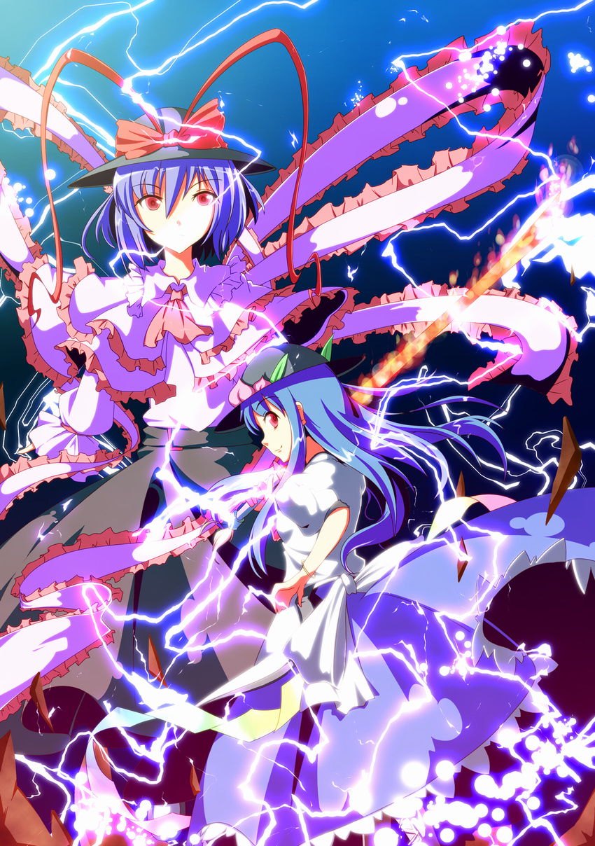 ascot bad_id bad_pixiv_id bow bracelet cross-laced_footwear electricity food frills fruit hat hat_bow highres hinanawi_tenshi jewelry leaf long_hair long_skirt long_sleeves looking_at_viewer minagokoro multiple_girls nagae_iku peach red_eyes shawl short_hair short_sleeves skirt smile sword sword_of_hisou touhou weapon