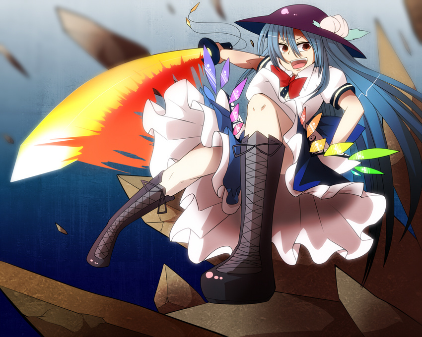 blue_hair blush brown_eyes cross-laced_footwear food fruit hat hinanawi_tenshi leaf long_hair open_mouth peach rock short_sleeves solo sword sword_of_hisou tenkomori_(bug_kura) touhou very_long_hair weapon