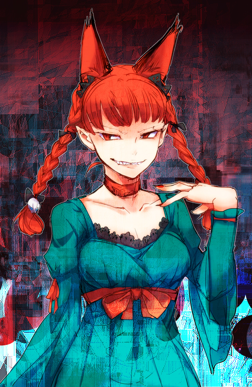 animal_ears braid cat_ears chamaruku choker collarbone dress extra_ears grin highres kaenbyou_rin long_hair pointy_ears red_eyes red_hair sharp_teeth skull smile solo teeth touhou twin_braids upper_body