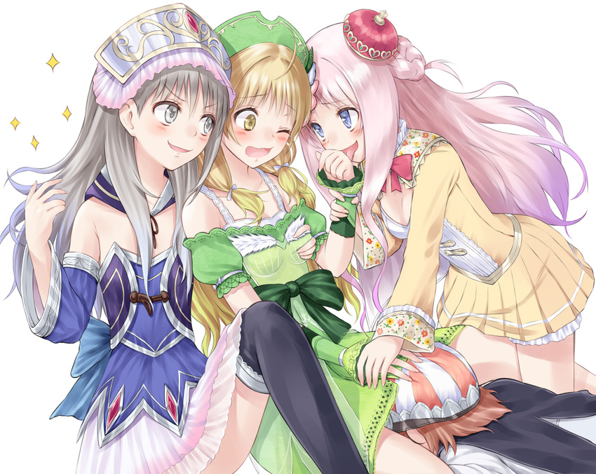 arm_holding atelier_(series) atelier_ayesha atelier_meruru atelier_rorona atelier_totori ayesha_altugle black_legwear blonde_hair blue_eyes blue_sleeves blush boots breast_grab breasts brown_hair cleavage detached_sleeves face_in_crotch female_pervert grabbing green_skirt half_updo hat kneehighs licking long_hair merurulince_rede_arls multiple_girls open_mouth pervert pink_hair rororina_fryxell silver_eyes silver_hair skirt small_breasts sparkle suzushiro_yukari thigh_boots thighhighs tongue totooria_helmold twintails wince yellow_eyes yuri