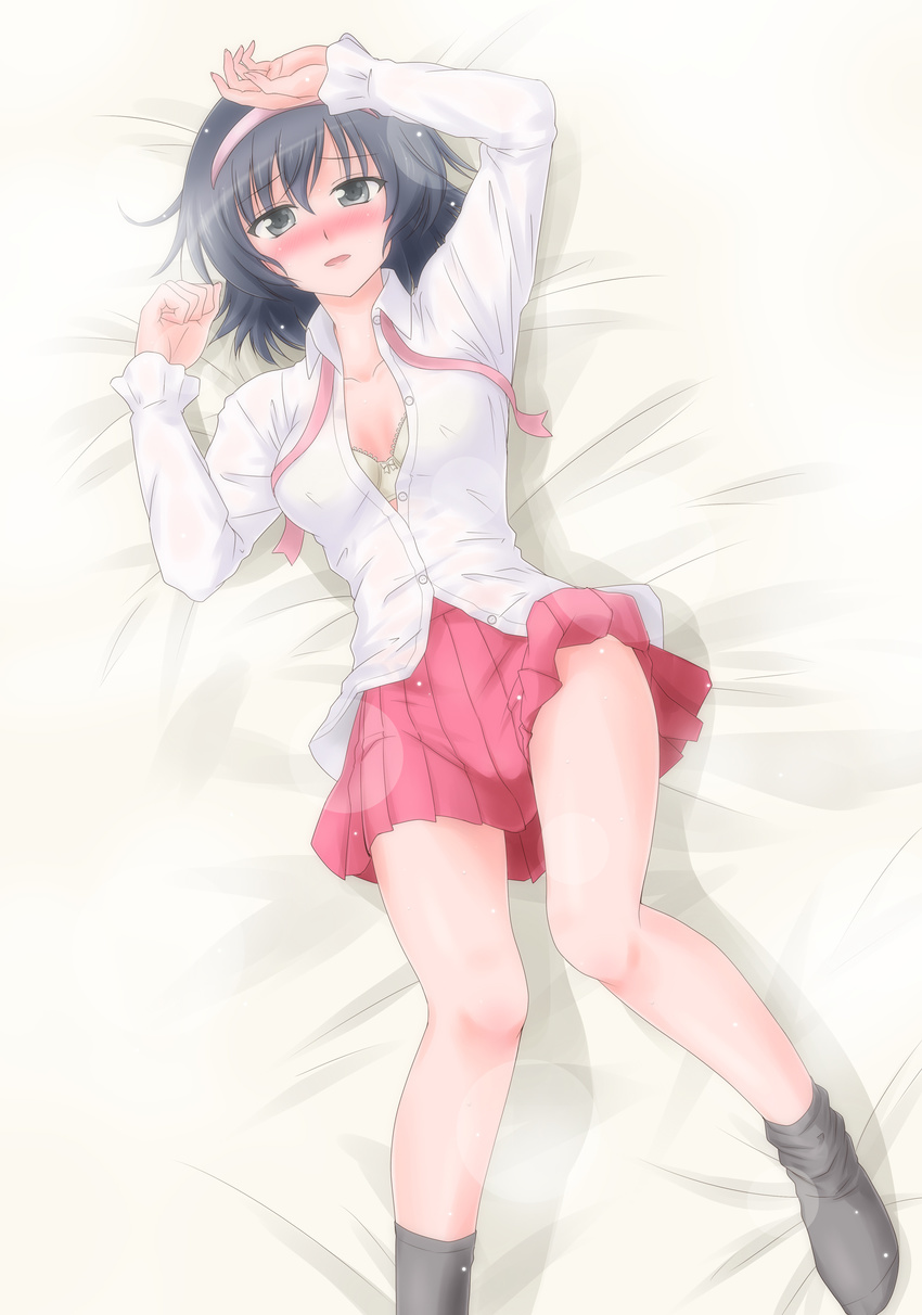 absurdres black_hair blush bra grey_eyes hairband highres kami_nomi_zo_shiru_sekai knees_together_feet_apart lying on_back open_clothes open_shirt school_uniform shirt short_hair skirt socks solo takahara_ayumi underwear yuuki_kazuhito