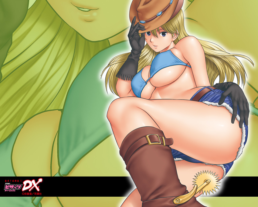 action_pizazz bikini_top blonde_hair blue_eyes boots breasts cowboy_hat cutoffs denim denim_shorts gloves hat large_breasts long_hair parted_lips saigadou shiny shiny_skin shorts skindentation solo spurs wallpaper zoom_layer