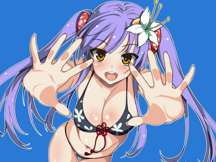 :d bikini blue_background blush breasts brown_eyes cleavage fingernails flower hair_flower hair_ornament hands highres large_breasts long_fingernails long_hair looking_at_viewer mahan maou_no_kuse_ni_namaiki_da! meishao_shii_kaoryanchuu navel open_mouth outstretched_arms purple_hair shiny shiny_skin simple_background smile solo swimsuit thigh_gap twintails