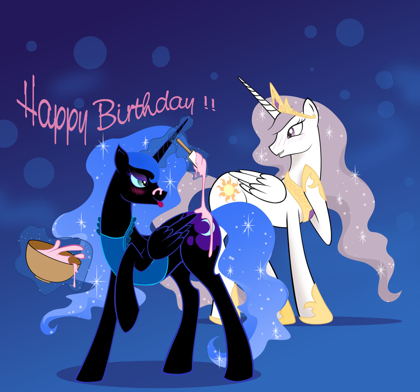 apron artist-apprentice587 blush bowl crown cutie_mark equine female feral friendship_is_magic gold half-closed_eyes horn horse icing magic mammal moon my_little_pony necklace nightmare_moon_(mlp) pony princess_celestia_(mlp) princess_molestia_(mlp) sparkles spatula sun winged_unicorn wings