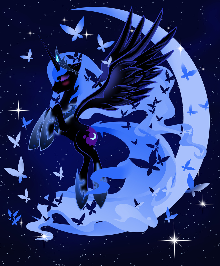artist-apprentice587 blush butterflies butterfly crown cutie_mark equine eyes_closed eyeshadow female feral friendship_is_magic gem glowing horn horse insect makeup mammal moon my_little_pony necklace nightmare_moon_(mlp) pony solo sparkle stars winged_unicorn wings