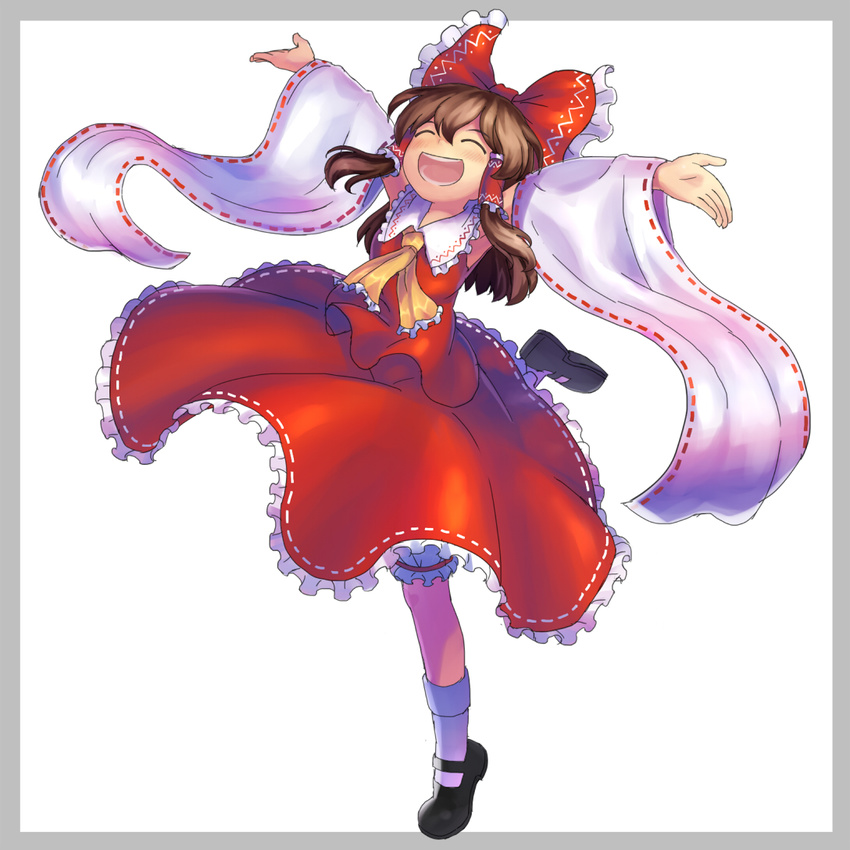 ^_^ ascot bloomers bow brown_hair closed_eyes detached_sleeves hair_bow hair_tubes hakurei_reimu happy leg_up long_hair mary_janes monosenbei open_mouth outstretched_arms shoes skirt smile socks solo standing standing_on_one_leg touhou underwear white_legwear wide_sleeves