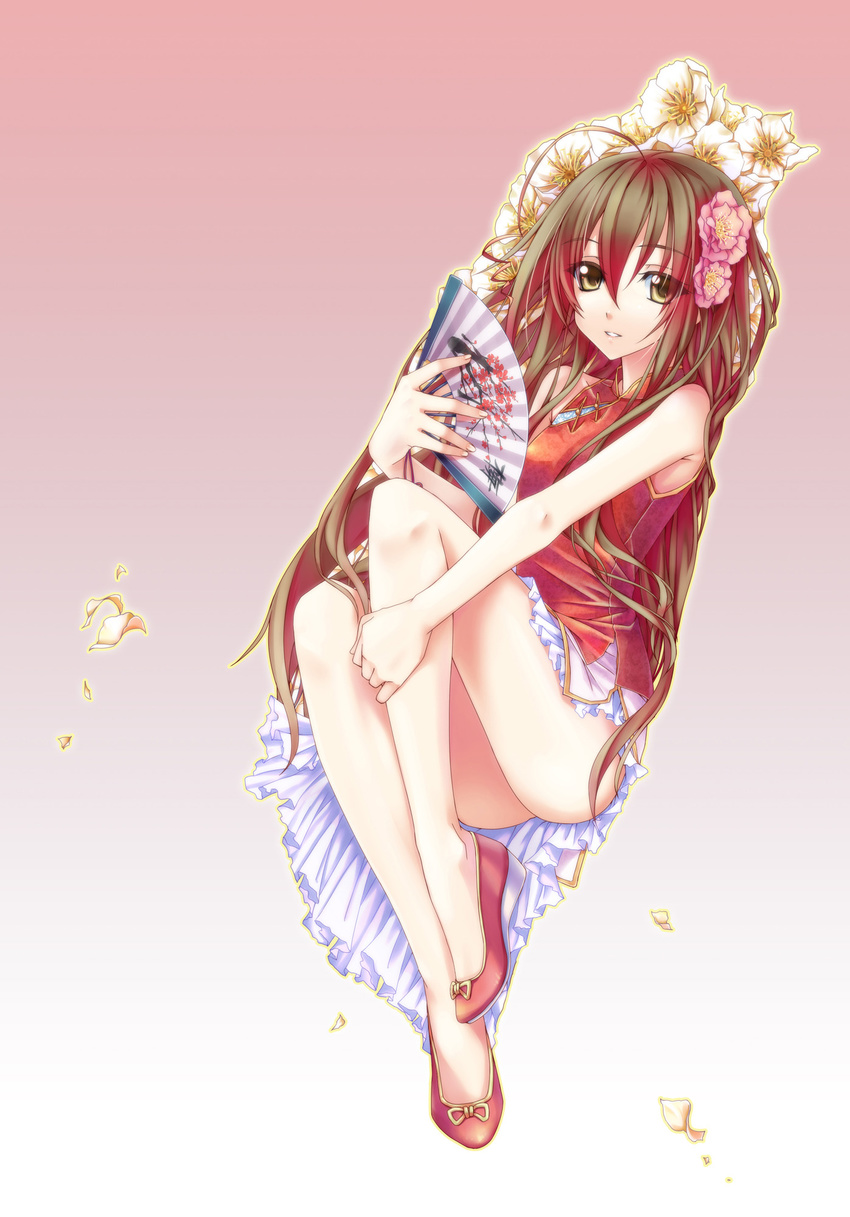 ahoge axis_powers_hetalia bare_legs bare_shoulders china_dress chinese_clothes dress fan flower folding_fan full_body hair_flower hair_ornament high_heels highres hika_(cross-angel) legs_together long_hair looking_at_viewer pink_background pumps red_dress shoes simple_background sleeveless sleeveless_dress solo taiwan taiwan_(hetalia) thighs