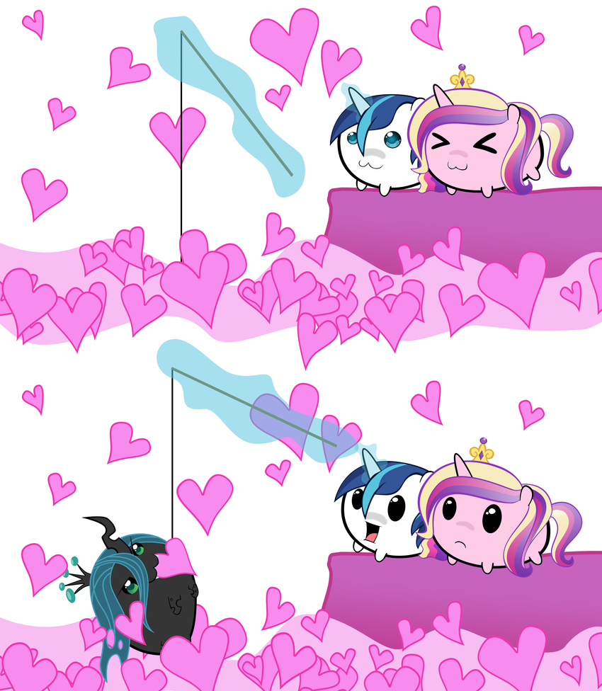 &gt;_&lt; &hearts; &lt;3 artist-apprentice587 blue_eyes changeling chibi comic crown equine female fishing_rod friendship_is_magic green_eyes hair holes horse magic male mammal multi-colored_hair my_little_pony pony princess_cadance_(mlp) princess_cadence_(mlp) queen_chrysalis_(mlp) shining_armor_(mlp) surprise