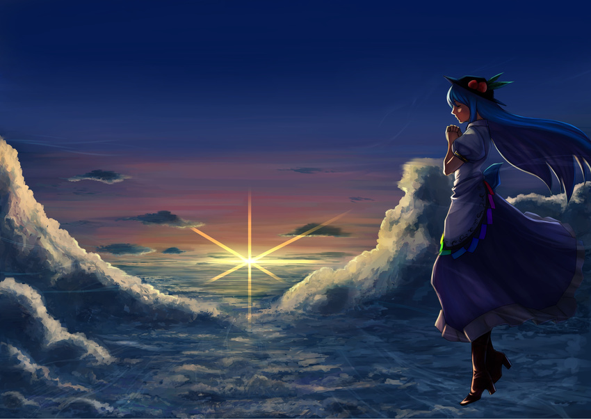 above_clouds bukimi_isan closed_eyes cloud flying food fruit hands_clasped hat highres hinanawi_tenshi horizon leaf long_hair long_skirt own_hands_together peach short_sleeves skirt sky solo sun sunrise touhou very_long_hair