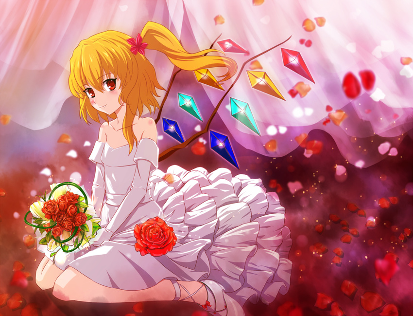 alternate_costume bare_shoulders blonde_hair blush bouquet bug_(artist) dress elbow_gloves fang flandre_scarlet flower gloves hair_ornament kneeling light_smile red_eyes rose short_hair side_ponytail smile solo touhou wedding_dress white_dress white_gloves wings